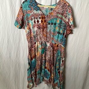 Lascana: Teal & Red Paisley Flowy Print Dress/ Coverup- Elastic Waist- 12